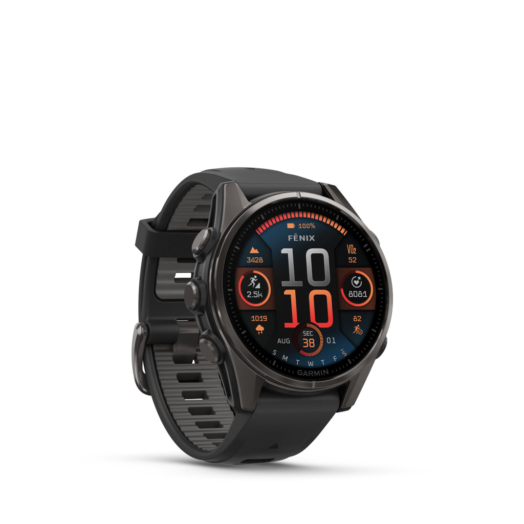 Garmin fēnix® 8 - 43 mm, AMOLED Sapphire, Carbon grey DLC-titanium met zwarte/pebble grey siliconen band