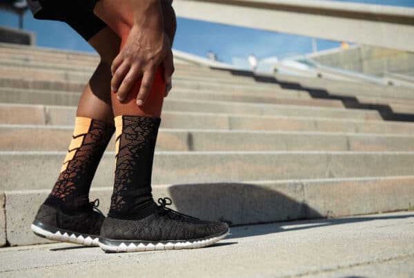 Man met blessure en compressiekousen